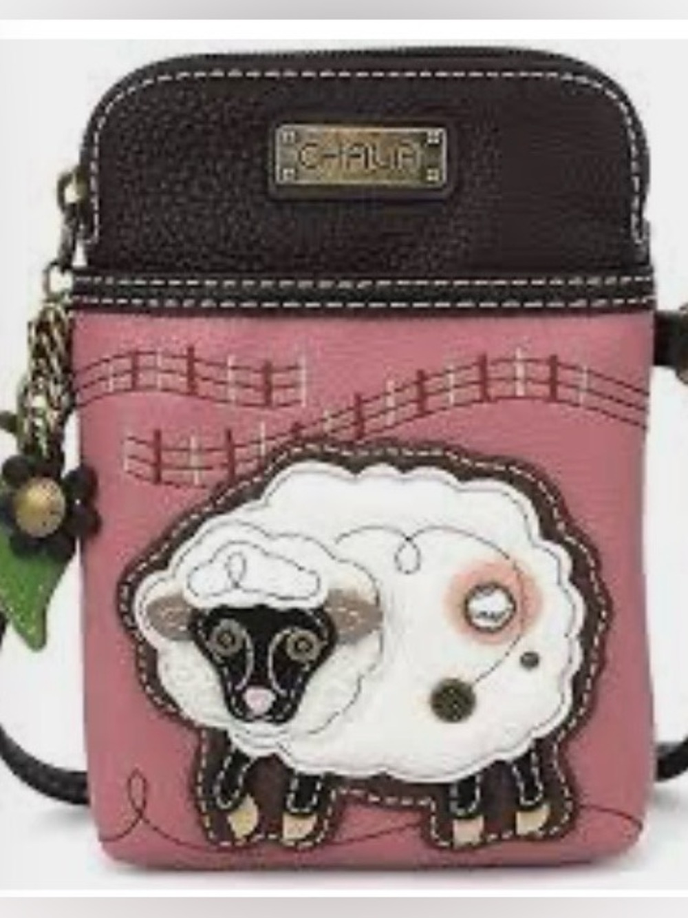 Chala Pink & Brown Sheep Applique Crossbody Phone Bag